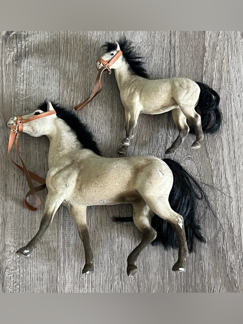 Vintage Pair of Flocked CreamToy Horses with Black Manes